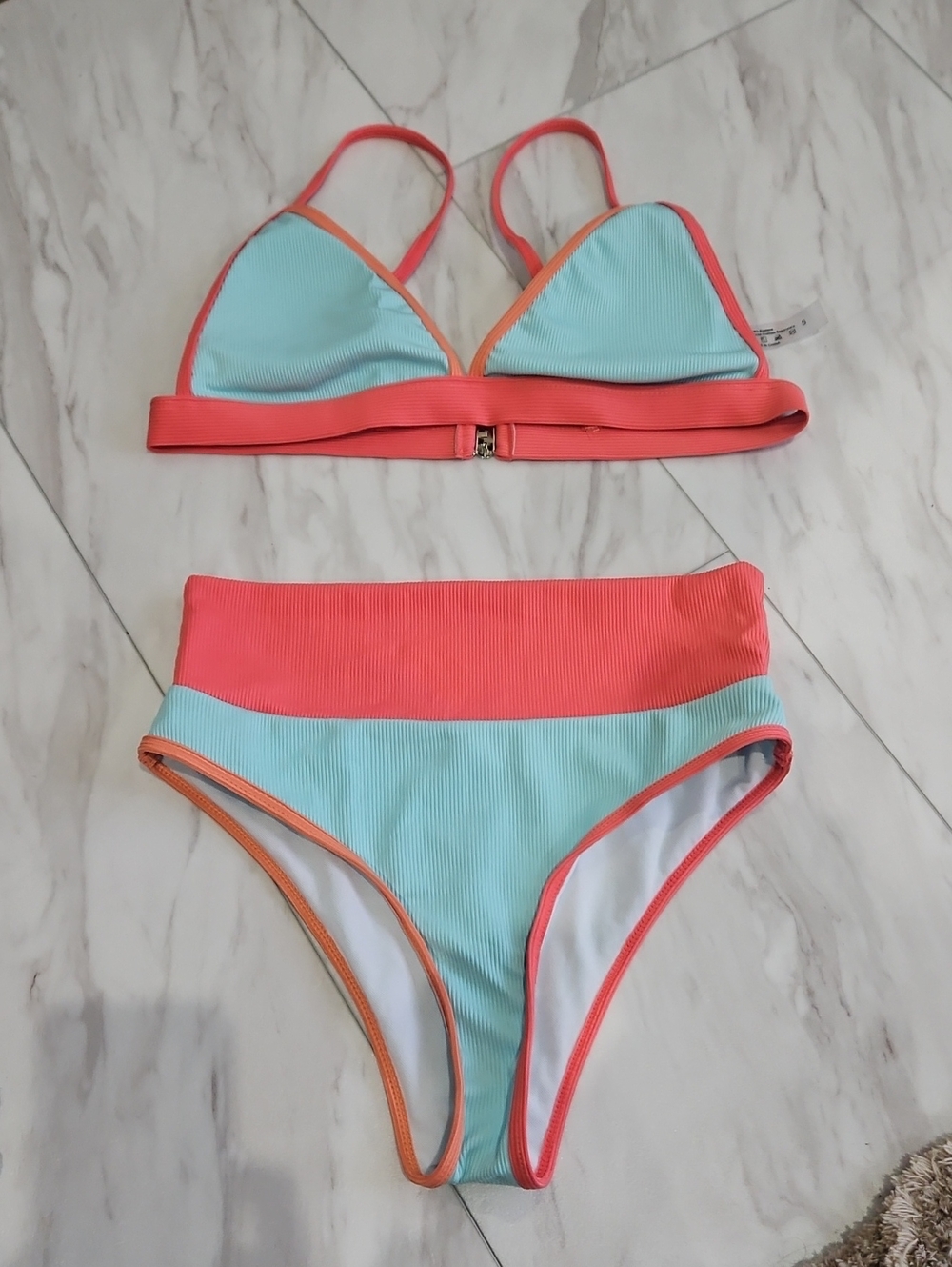 Colorblock Triangle Bikini Set in Coral and Aqua